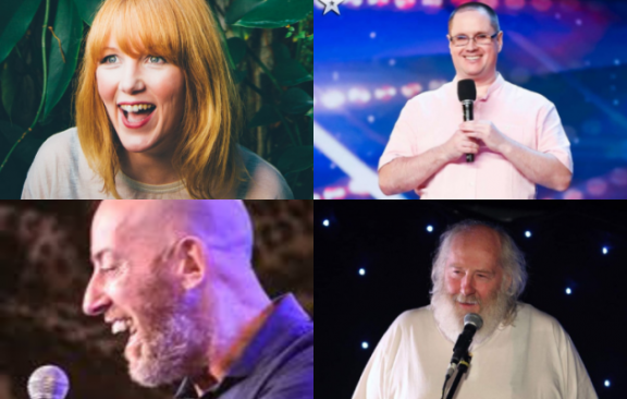 Four picture of a woman and three men on stage with a microphone.