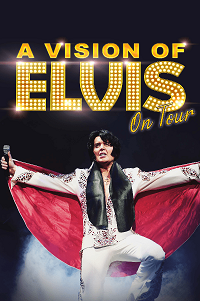 An animated picture of Elvis in a red robe with 'A Vision of Elvis on tour' in gold about him.