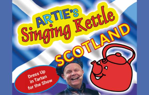 Poster showing Artie, the Scottish flag and a red cartoon kettle.