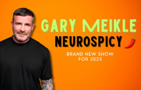 A picture of a man in a black t-shirt on a orange background with the words 'Gary Meikle Neurospicy' in yellow and black with a picture of a red chilli.