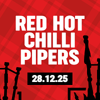 Poster with white writing 'Red Hot Chilli Pipers' on a red background.