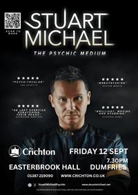 Poser of a man in a leather jacket on a black poster that says 'Stuart Michael Psychic' in white.