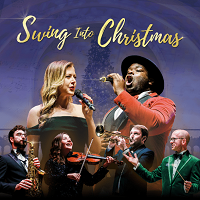 A man playing saxophone, a woman playing violin, a man in a green suit conducting, a lady singing and a man in a red suit singing on stage.