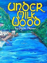 A watercolour picture of a river and river bank with the words 'Under Mild Wood' in yellow.