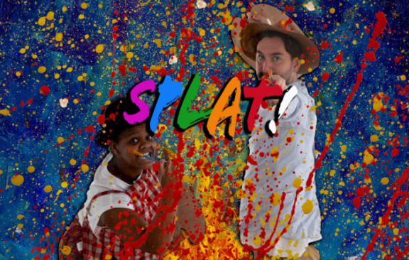 an image of a man and a child with multicoloured paint splattered all around
