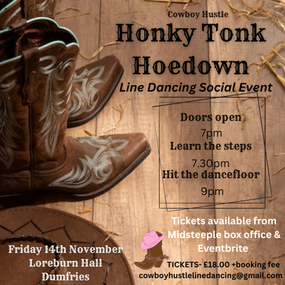 a poster for a line dancing social event with an image of some cowboy boots