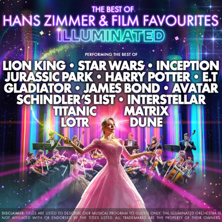 a poster with a list of film titles on it and an image of a lady in a pink dress in front of an orchestra