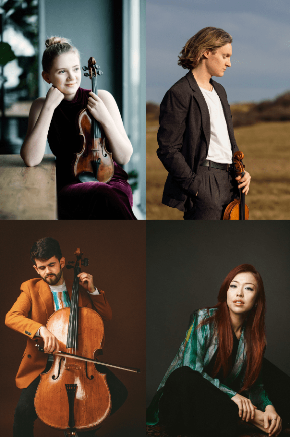 4 images of musicians with their instruments