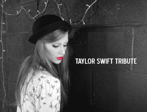 a black and white image of a woman who looks like Taylor Swift wearing a black hat