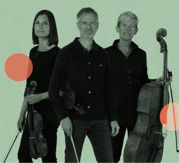 an image of 3 musicians with violins and a cello