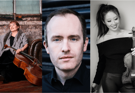 poster for Reimagined festival - Karine Georgian, cello, Simon Callaghan, piano & Elly Suh, violin