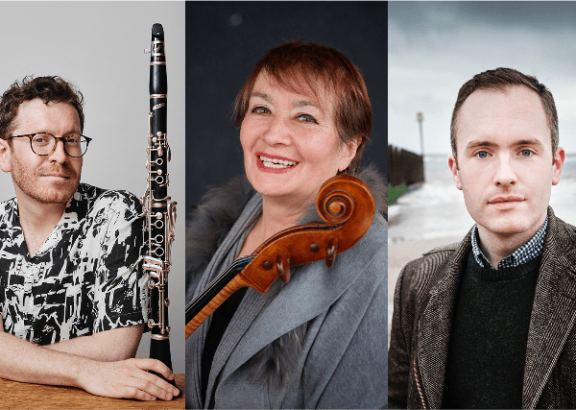 poster Reimagined festival - Karine Georgian, cello, Simon Callaghan, piano & Sacha Rattle, clarinet