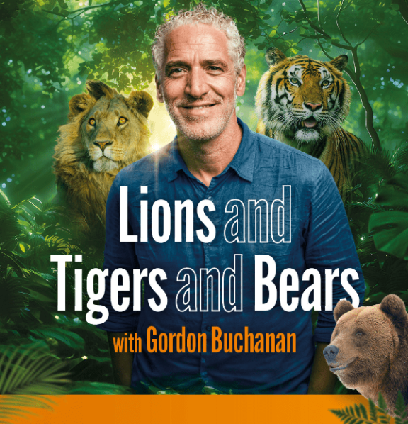 Gordon Buchanan with jungle and animals in the background