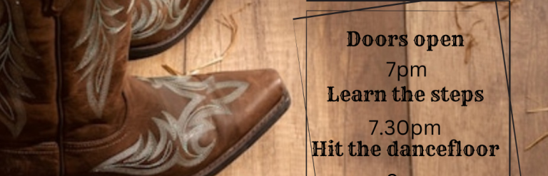 a poster for a line dancing social event with an image of some cowboy boots