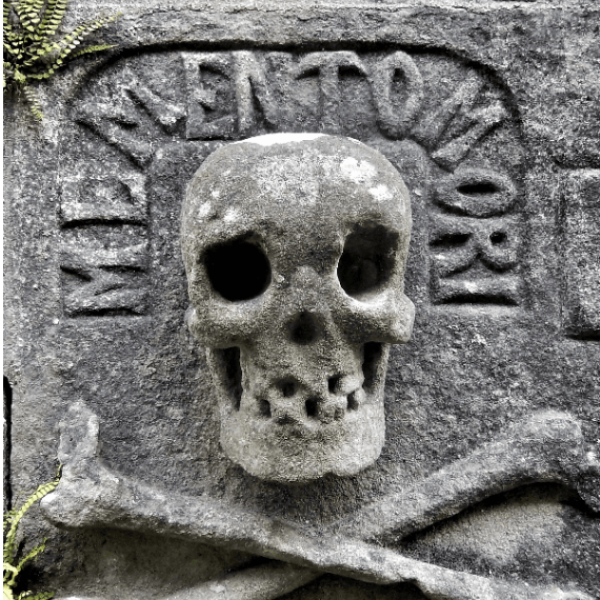 Picture of skull and crossbones on a gravestone.